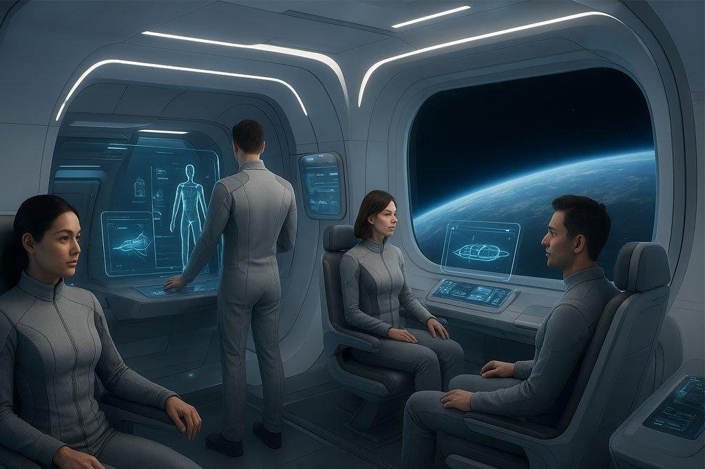 Civilians preparing for orbital space travel with medical screens and guidance tools.