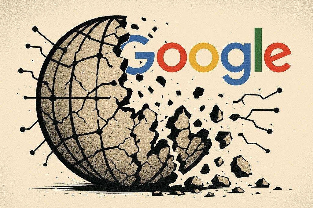 Crumbling globe representing the open web decline, Google logo in the background, digital connections breaking apart.