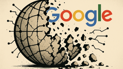 Crumbling globe representing the open web decline, Google logo in the background, digital connections breaking apart.