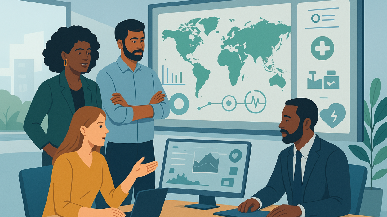 Diverse leaders collaborating with data tools to solve global crises