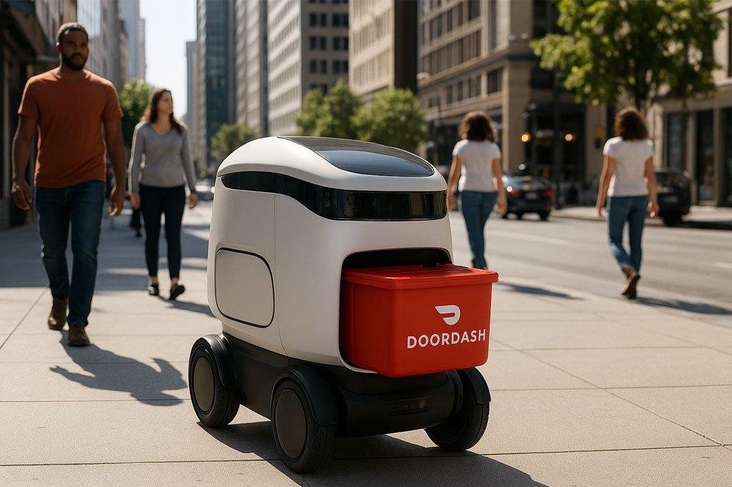 DoorDash Dot robot delivering food while customer interacts with smartphone app to unlock compartment.