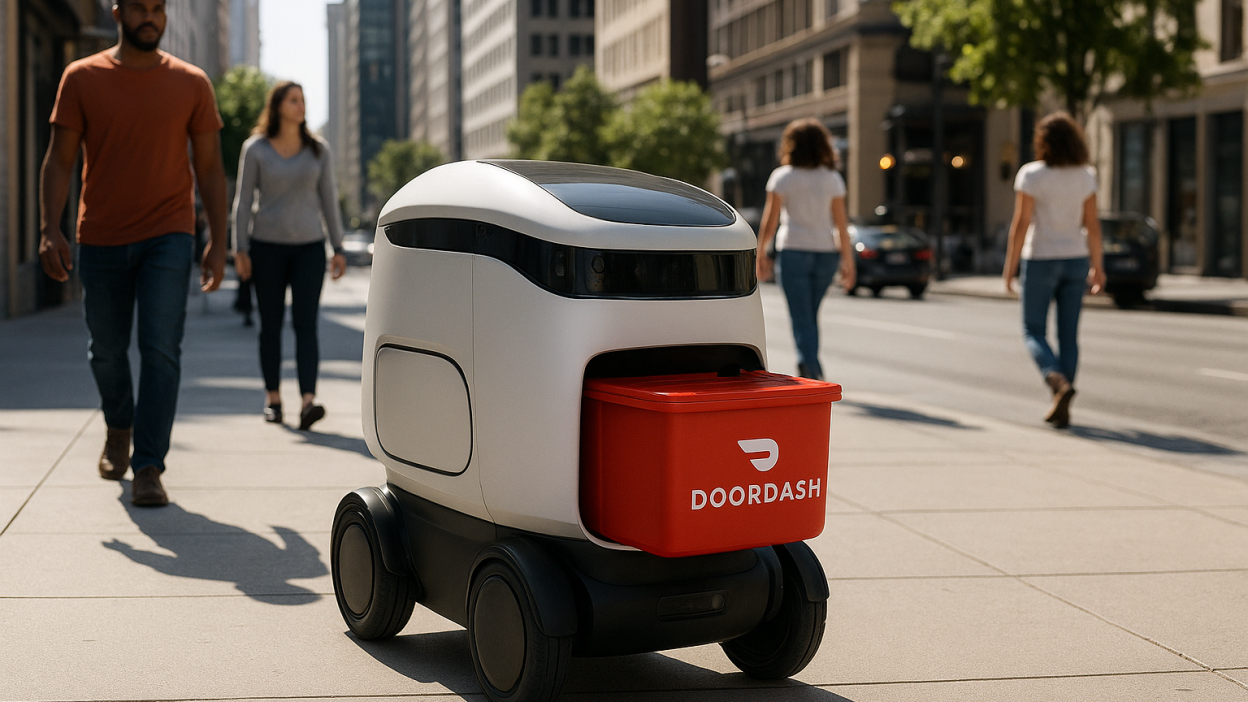 DoorDash Dot robot delivering food while customer interacts with smartphone app to unlock compartment.