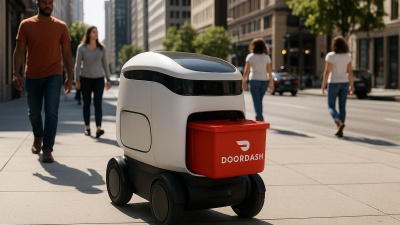 DoorDash Dot robot delivering food while customer interacts with smartphone app to unlock compartment.