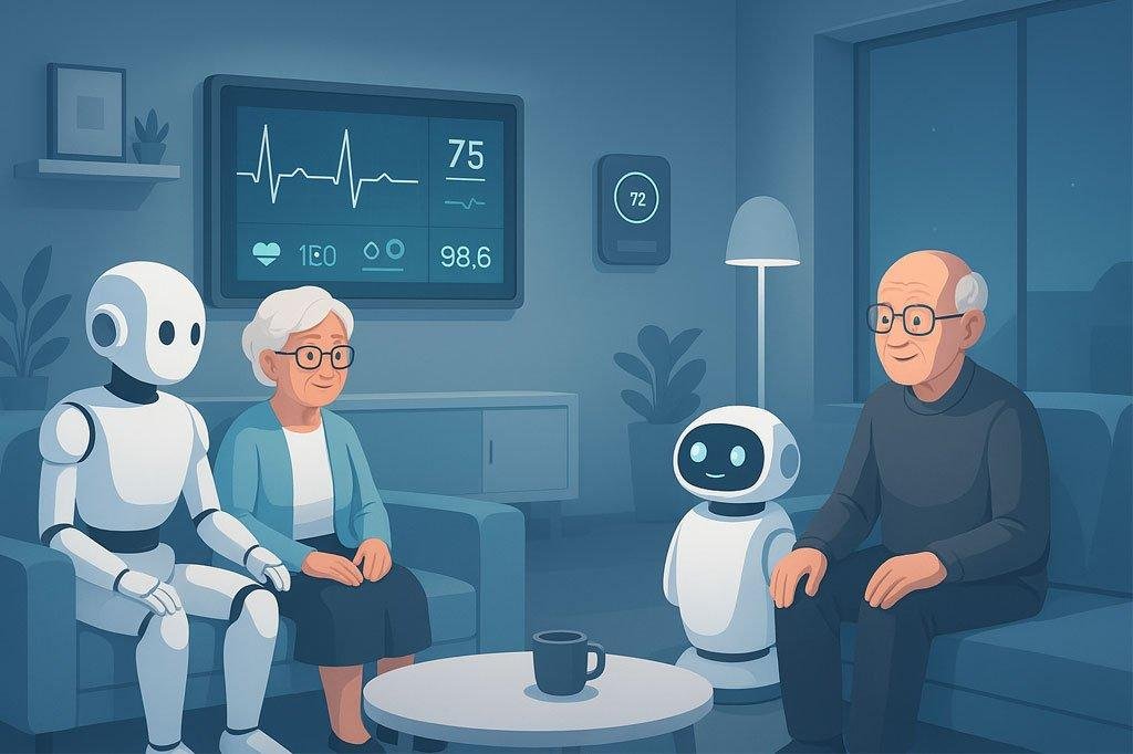 Elder care robots offering companionship and health monitoring in a smart home.