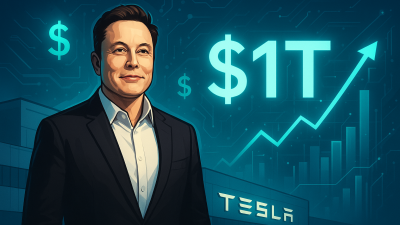 Elon Musk at Tesla factory with $1 trillion stock compensation visuals.