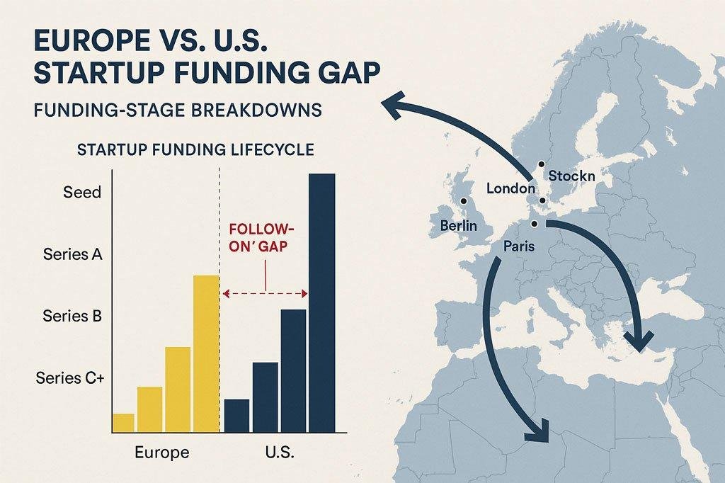 Futuristic image of European startups scaling globally, skyline blend of Berlin, London, Paris, digital overlay.