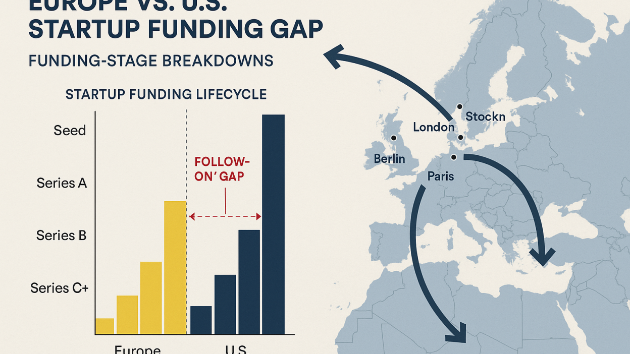 Futuristic image of European startups scaling globally, skyline blend of Berlin, London, Paris, digital overlay.