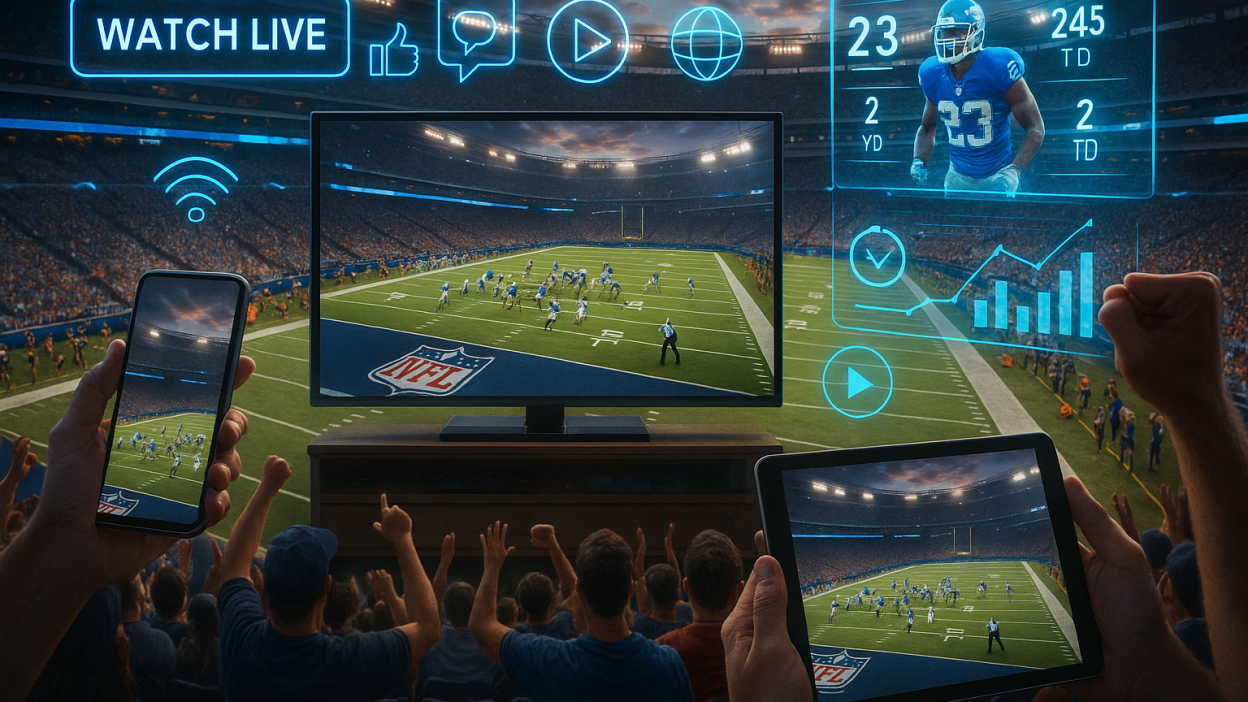 Fans watching an NFL game on multiple devices with holographic stats and interactive streaming features.