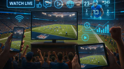 Fans watching an NFL game on multiple devices with holographic stats and interactive streaming features.