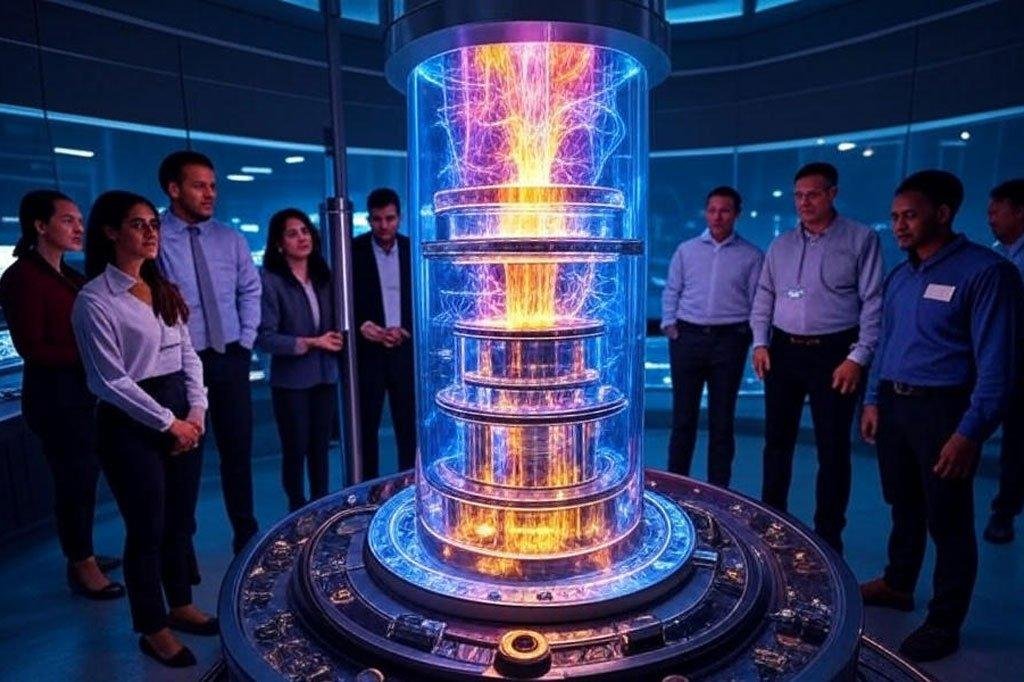 Scientists monitoring fusion plasma inside reactor.