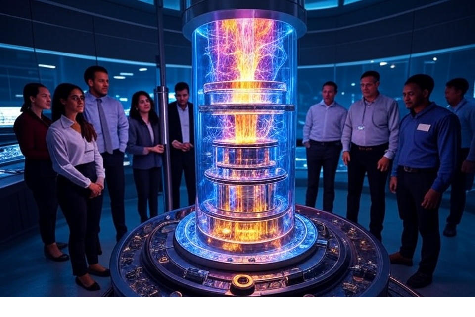 Scientists monitoring fusion plasma inside reactor.