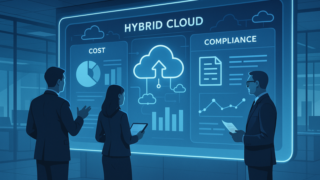 Hybrid cloud dashboard showing cost optimization and compliance metrics