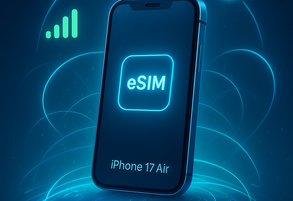 Futuristic smartphone with eSIM-only design connecting global networks across regions like the US, Europe, India, and China.