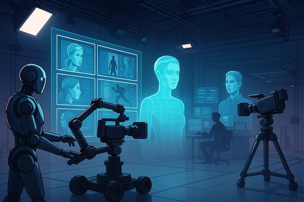 Illustration of generative AI tools aiding film production in a modern studio.
