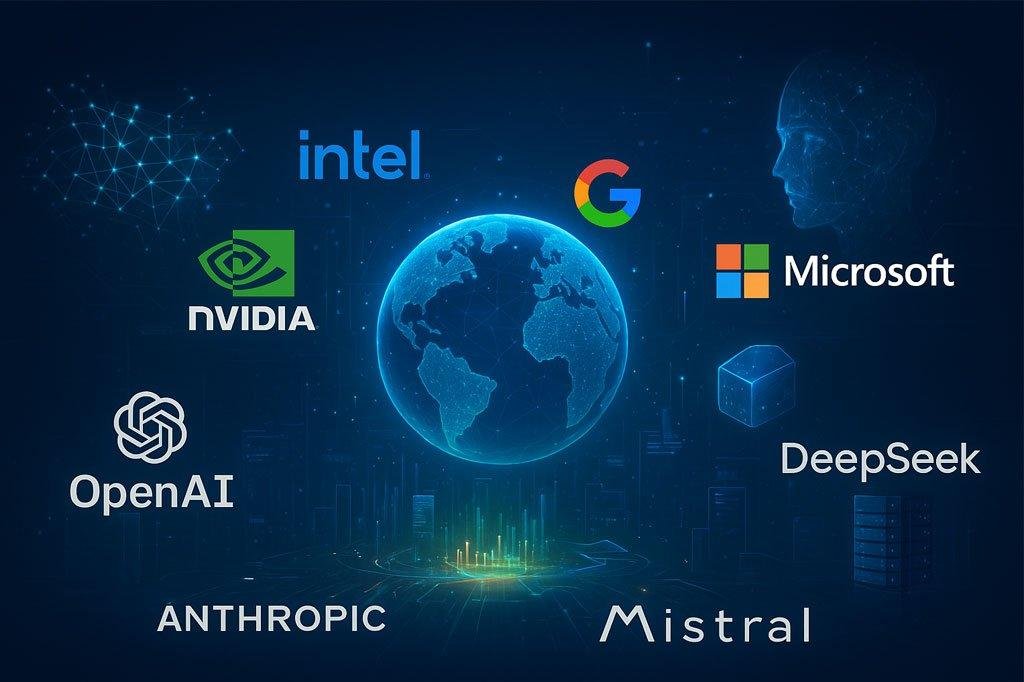 Global AI network visualization featuring Nvidia, Intel, Google, Microsoft, OpenAI, Anthropic, Mistral, and DeepSeek with data streams and neural networks.