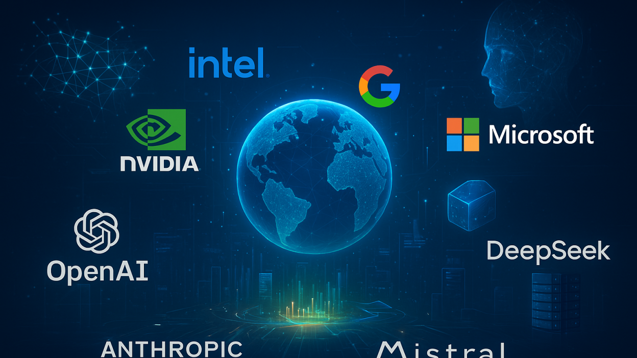 Global AI network visualization featuring Nvidia, Intel, Google, Microsoft, OpenAI, Anthropic, Mistral, and DeepSeek with data streams and neural networks.