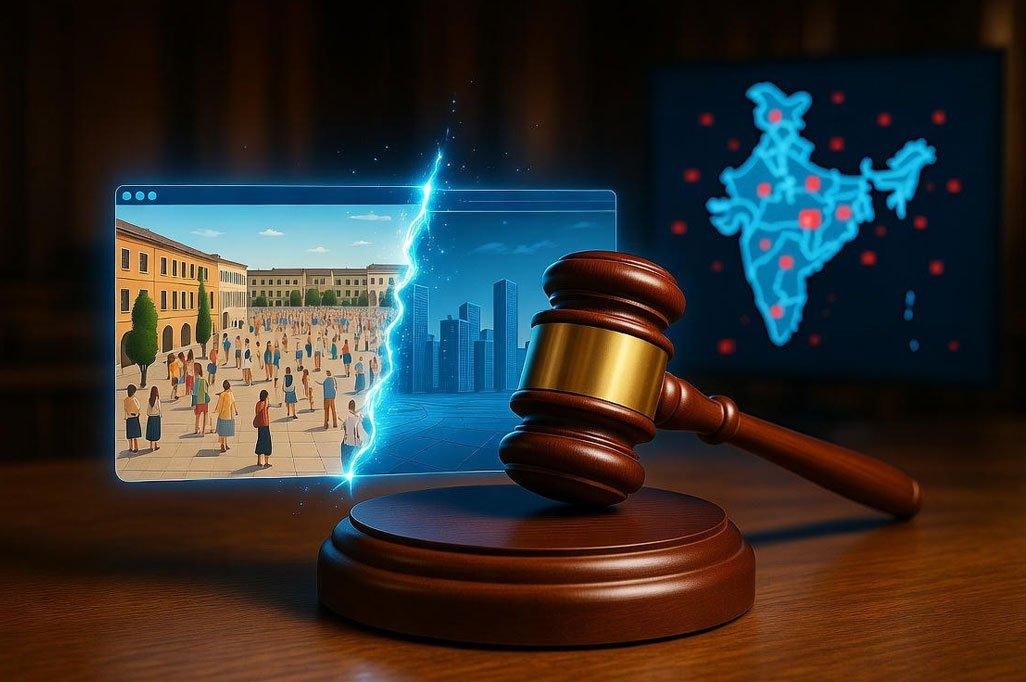 Digital map of India with red ‘content blocked’ icons across regions.