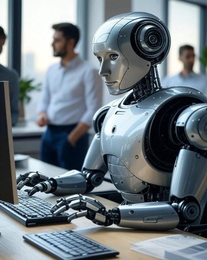 A collaborative robot assists a human team in a bright, contemporary workspace, blending technology with everyday life.