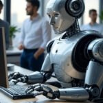 A collaborative robot assists a human team in a bright, contemporary workspace, blending technology with everyday life.