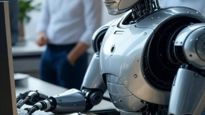 A collaborative robot assists a human team in a bright, contemporary workspace, blending technology with everyday life.