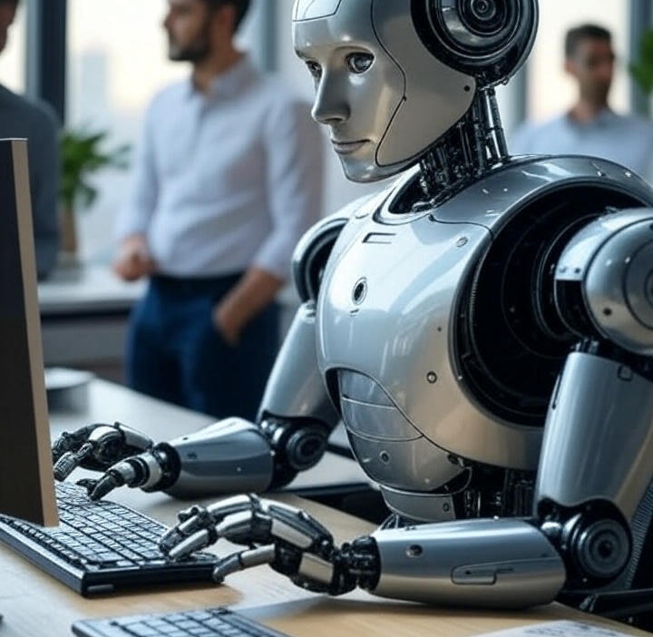 A collaborative robot assists a human team in a bright, contemporary workspace, blending technology with everyday life.