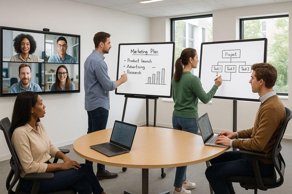 Hybrid office technology with collaboration tools.