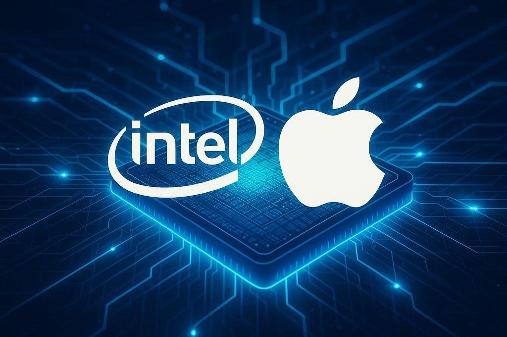 Intel and Apple logos over futuristic chip illustration representing strategic investment talks.