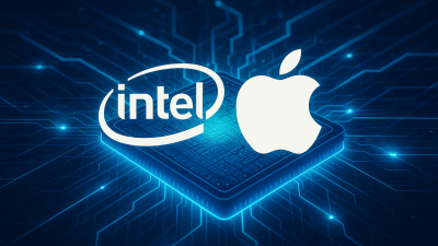 Intel and Apple logos over futuristic chip illustration representing strategic investment talks.