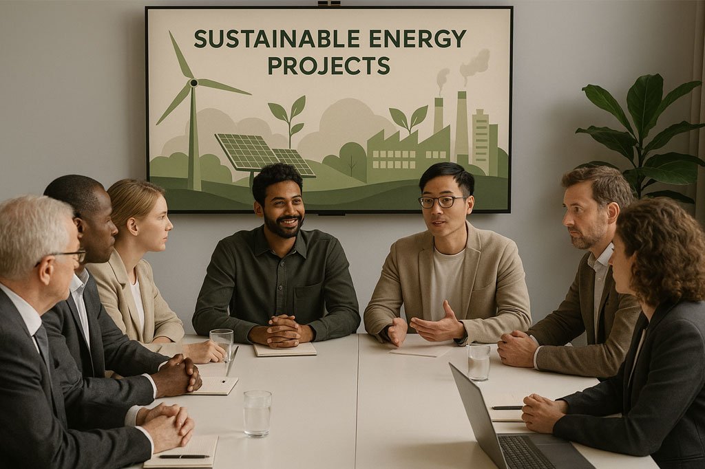 Investors meeting with climate-tech startups on renewable energy funding