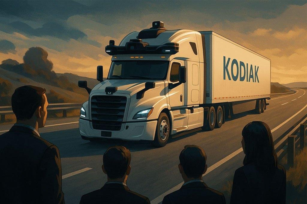 Kodiak self-driving truck on a highway with investors watching