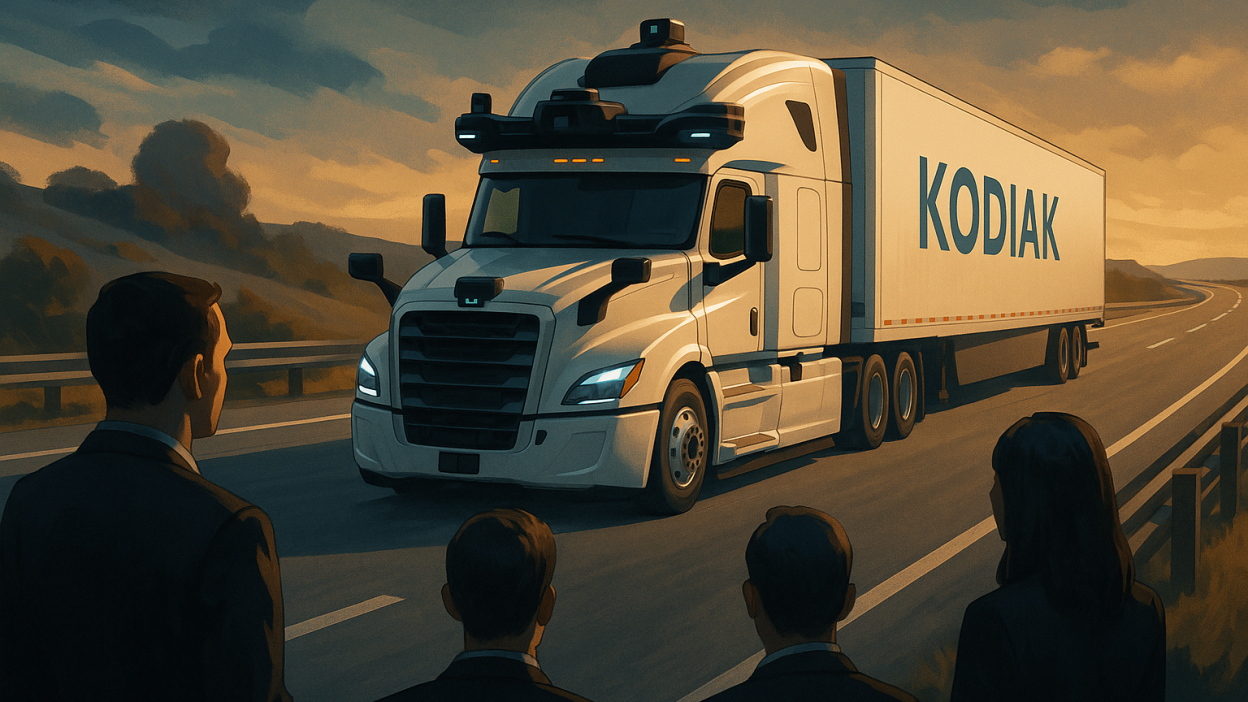 Kodiak self-driving truck on a highway with investors watching