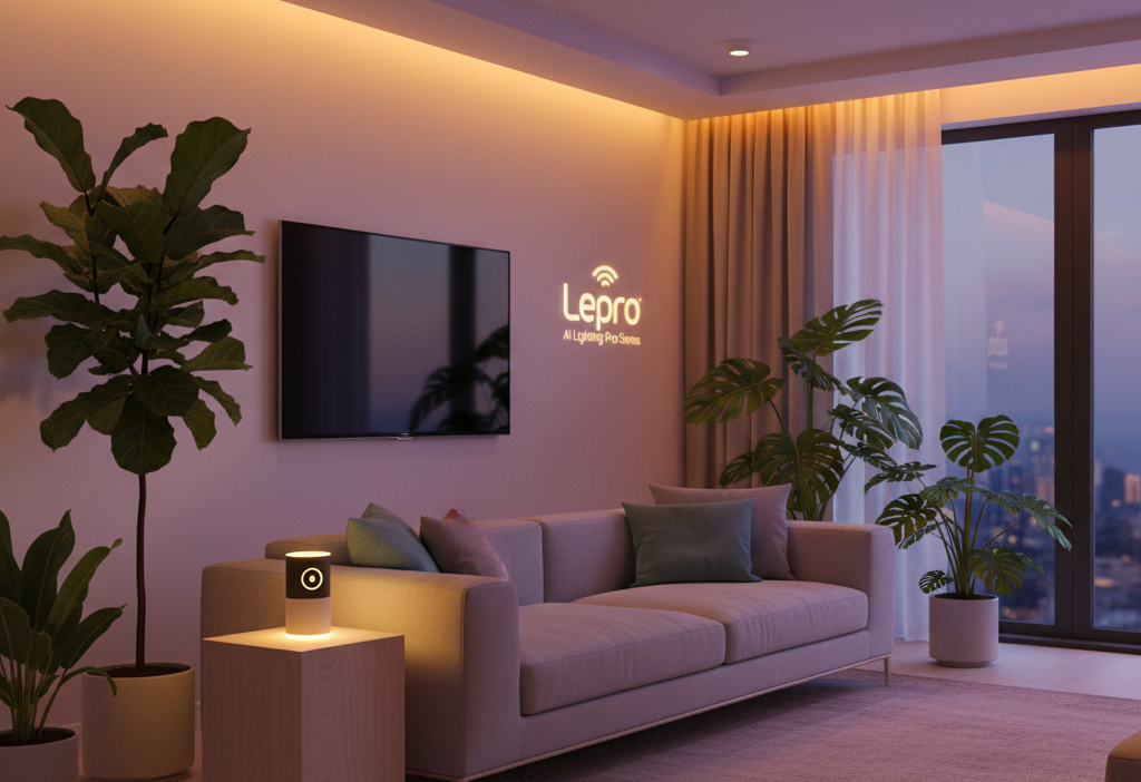 Modern living room illuminated by Lepro AI Lighting Pro Series, highlighting adjustable color and voice-controlled lighting.