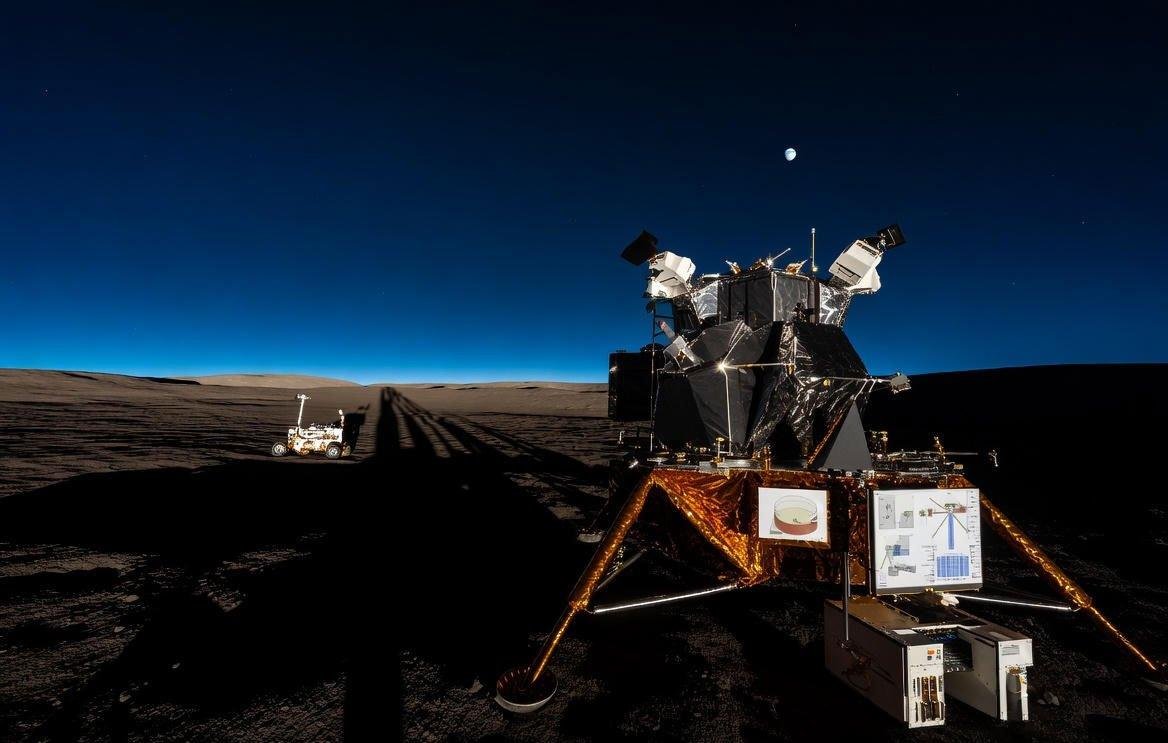 Honda robotic rover navigating the Moon with energy modules during extended lunar night.