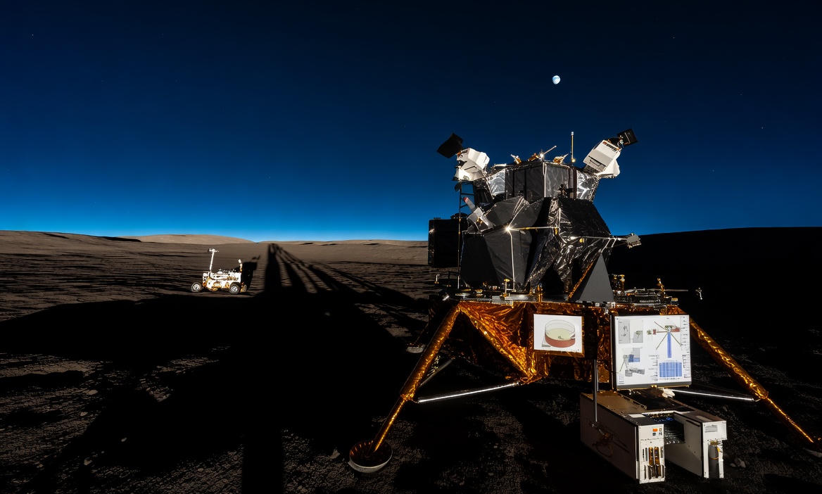 Honda robotic rover navigating the Moon with energy modules during extended lunar night.
