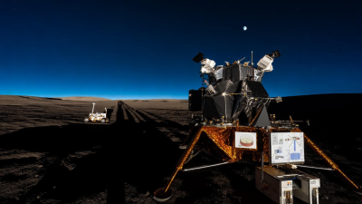Honda robotic rover navigating the Moon with energy modules during extended lunar night.