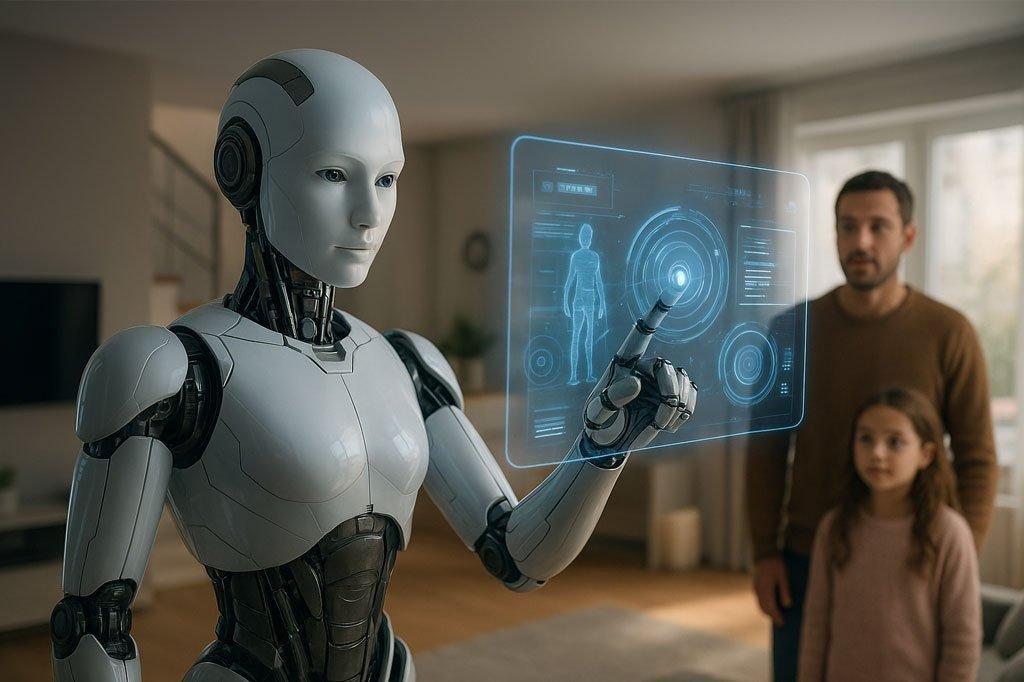 Meta humanoid robot interacting with holographic AR interface in a modern home, demonstrating AI and immersive technology integration.
