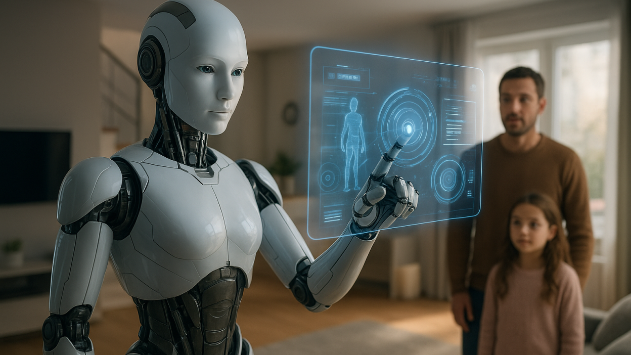 Meta humanoid robot interacting with holographic AR interface in a modern home, demonstrating AI and immersive technology integration.