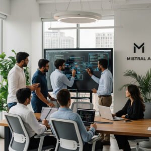 Mistral AI engineers collaborating in a workspace.