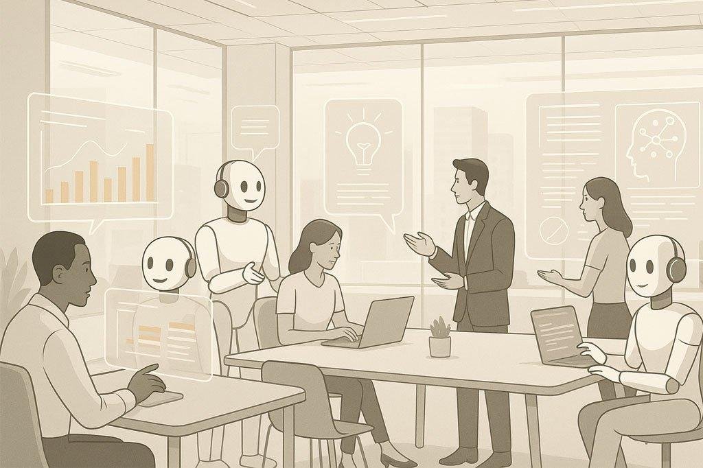 Office where AI assists employees in real-time work collaboration.