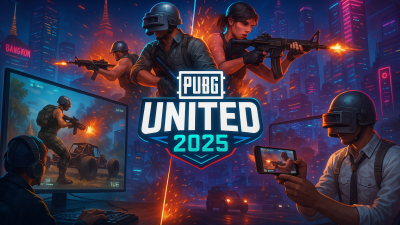 PUBG UNITED 2025 logo with PC and mobile gaming elements, set against Bangkok's skyline.