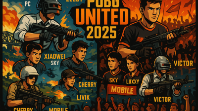 PUBG UNITED 2025 star players Zelot, Flash, Cherry, Skyler, Luxxy, and Victor featured in an esports action scene with maps, weapons, and cheering fans.