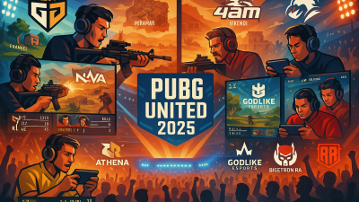 PUBG UNITED 2025 top teams infographic showing PC teams Gen.G, Nova Esports, 4AM and mobile teams RRQ Athena, GodLike Esports, Bigetron RA in live matches with maps, player stats, and cheering fans.