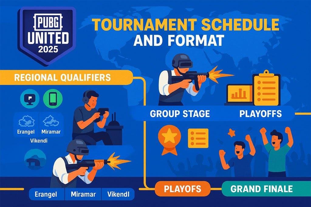 PUBG UNITED 2025 tournament schedule and format infographic showing Regional Qualifiers, Group Stage, Playoffs, and Grand Finale with PC and mobile matches.