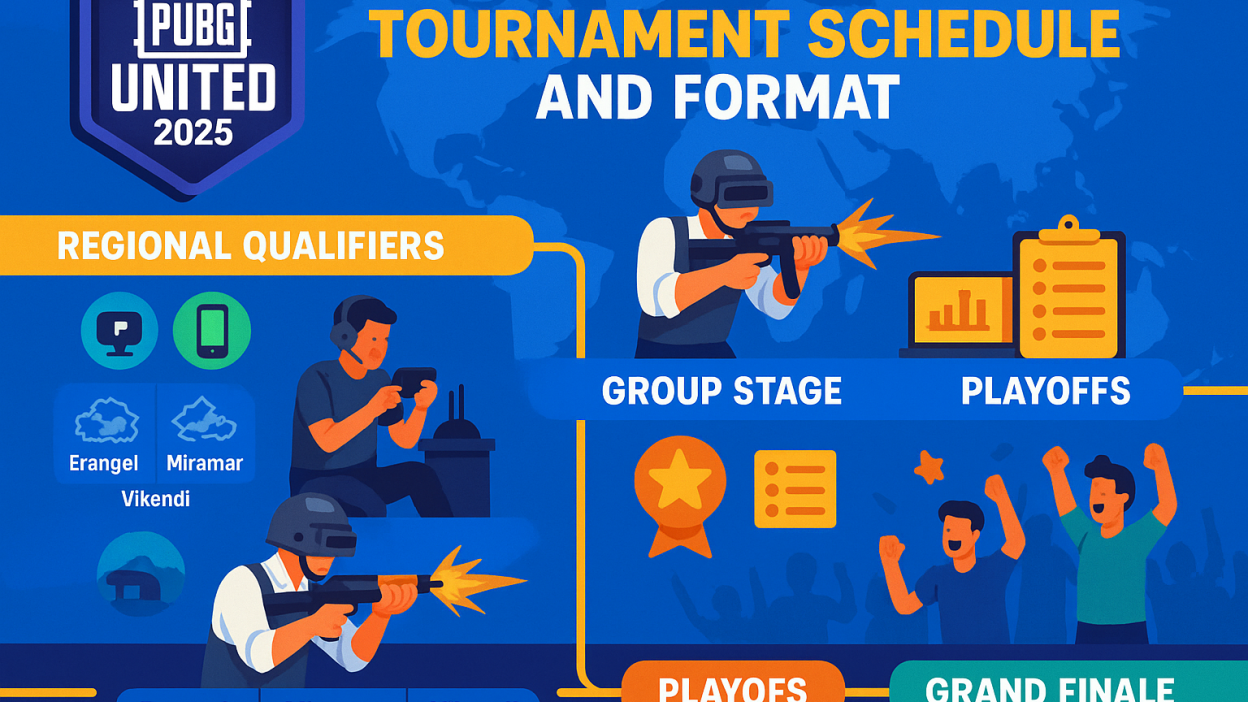 PUBG UNITED 2025 tournament schedule and format infographic showing Regional Qualifiers, Group Stage, Playoffs, and Grand Finale with PC and mobile matches.