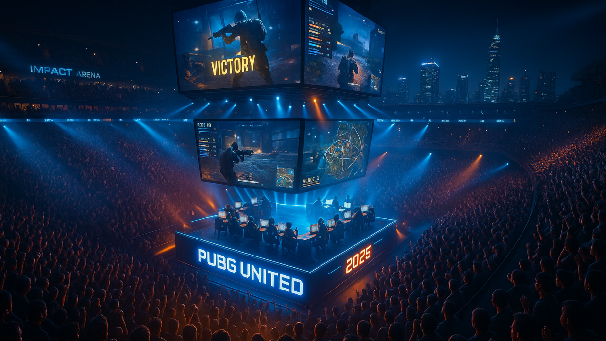 PUBG UNITED 2025 event at IMPACT Arena, Bangkok, showing live matches, players in action, cheering fans, and Bangkok skyline.