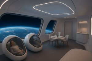 Panoramic views of Earth from a space hotel with wellness and entertainment zones.
