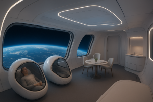 Panoramic views of Earth from a space hotel with wellness and entertainment zones.