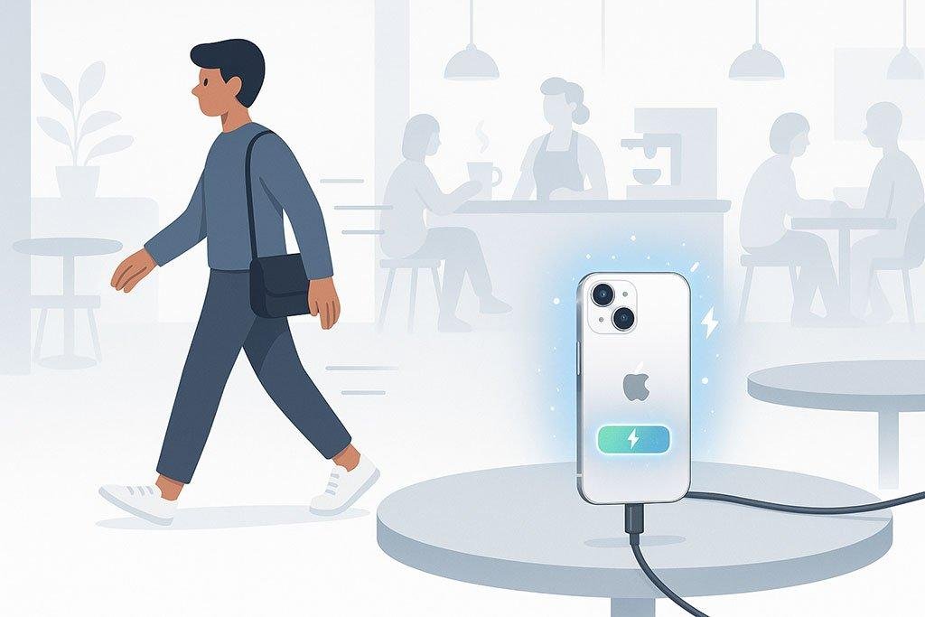 Person using iPhone 17 with Apple's fast charging adapter in modern coffee shop, illustrating how quick charging technology enables mobile lifestyle and reduces dependence on fixed charging locations.