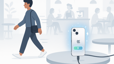 Person using iPhone 17 with Apple's fast charging adapter in modern coffee shop, illustrating how quick charging technology enables mobile lifestyle and reduces dependence on fixed charging locations.