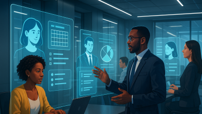 Professionals using AI-powered avatars on holographic screens to manage tasks and schedules in a futuristic office.